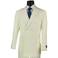 VINCI Men's Ivory Double Breasted 6 Button Classic Fit Suit – NEW. Features a refined peak lapel jacket in a traditional full-cut silhouette and classic-fit pants with unfinished hems for custom tailoring. A timeless choice for business or formal wear. Available at Fashion House Inc. (FH Menswear, Style #DC900-1)