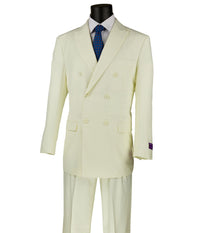 VINCI Men's Ivory Double Breasted 6 Button Classic Fit Suit – NEW. Features a refined peak lapel jacket in a traditional full-cut silhouette and classic-fit pants with unfinished hems for custom tailoring. A timeless choice for business or formal wear. Available at Fashion House Inc. (FH Menswear, Style #DC900-1)