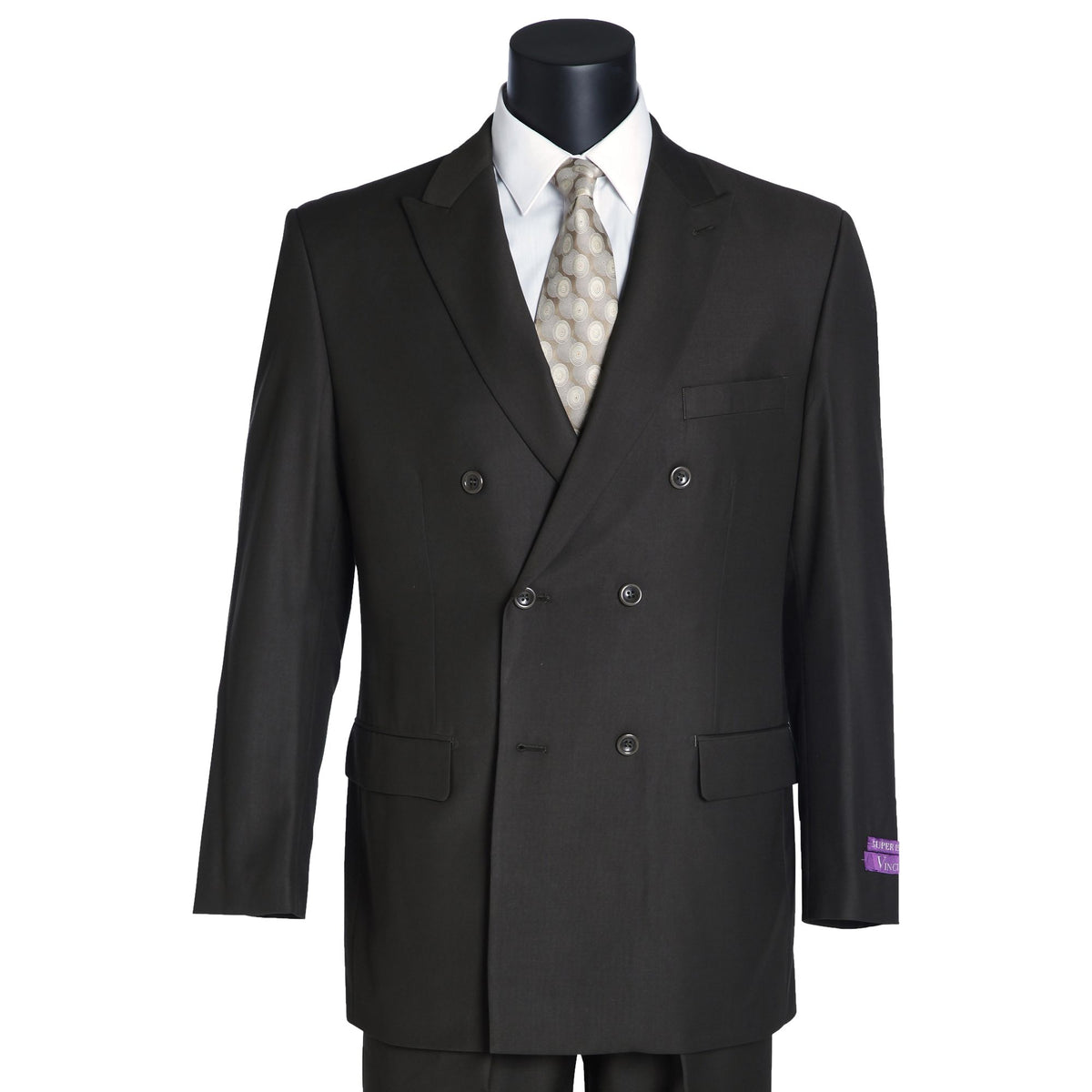 VINCI Men's Olive Green Double Breasted 6 Button Classic Fit Suit – NEW. Features a refined peak lapel jacket in a traditional full-cut silhouette and classic-fit pants with unfinished hems for custom tailoring. A timeless choice for business or formal wear. Available at Fashion House Inc. (FH Menswear, Style #DC900-1)