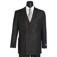 VINCI Men's Olive Green Double Breasted 6 Button Classic Fit Suit – NEW. Features a refined peak lapel jacket in a traditional full-cut silhouette and classic-fit pants with unfinished hems for custom tailoring. A timeless choice for business or formal wear. Available at Fashion House Inc. (FH Menswear, Style #DC900-1)