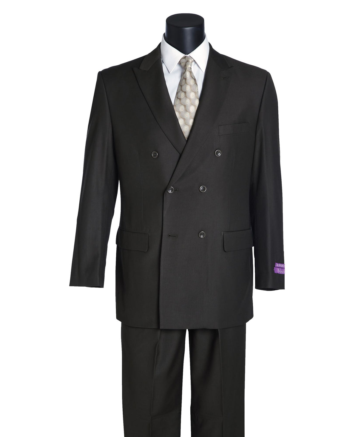 VINCI Men's Olive Green Double Breasted 6 Button Classic Fit Suit – NEW. Features a refined peak lapel jacket in a traditional full-cut silhouette and classic-fit pants with unfinished hems for custom tailoring. A timeless choice for business or formal wear. Available at Fashion House Inc. (FH Menswear, Style #DC900-1)