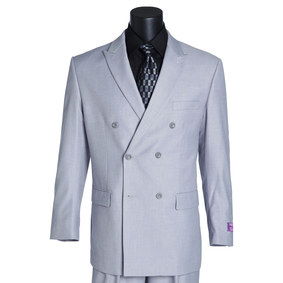 VINCI Men's Light Gray Double Breasted 6 Button Classic Fit Suit – NEW. Features a refined peak lapel jacket in a traditional full-cut silhouette and classic-fit pants with unfinished hems for custom tailoring. A timeless choice for business or formal wear. Available at Fashion House Inc. (FH Menswear, Style #DC900-1)