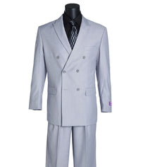 VINCI Men's Light Gray Double Breasted 6 Button Classic Fit Suit – NEW. Features a refined peak lapel jacket in a traditional full-cut silhouette and classic-fit pants with unfinished hems for custom tailoring. A timeless choice for business or formal wear. Available at Fashion House Inc. (FH Menswear, Style #DC900-1)