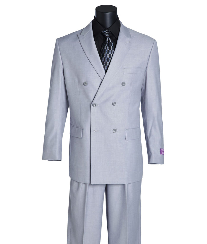 VINCI Men's Light Gray Double Breasted 6 Button Classic Fit Suit – NEW. Features a refined peak lapel jacket in a traditional full-cut silhouette and classic-fit pants with unfinished hems for custom tailoring. A timeless choice for business or formal wear. Available at Fashion House Inc. (FH Menswear, Style #DC900-1)