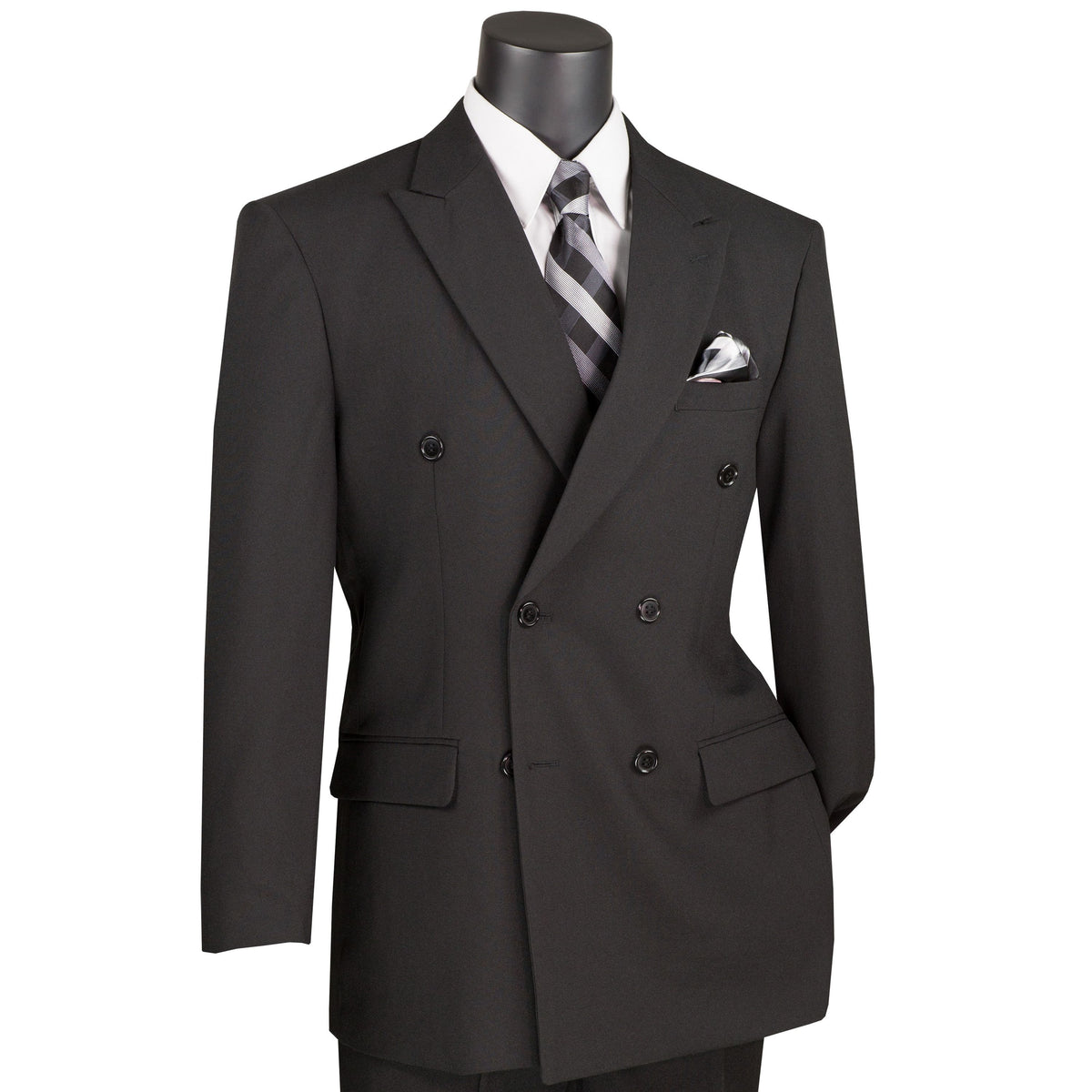 LUCCI Men's Black Double Breasted Classic Fit Poplin Polyester Suit – NEW. Features a sharp peak lapel jacket in a traditional full-cut silhouette and pleated pants with unfinished hems for custom tailoring. A dependable, polished choice for business or formal occasions. Available at Fashion House Inc. (FH Menswear, Style #DPP)
