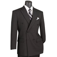 LUCCI Men's Black Double Breasted Classic Fit Poplin Polyester Suit – NEW. Features a sharp peak lapel jacket in a traditional full-cut silhouette and pleated pants with unfinished hems for custom tailoring. A dependable, polished choice for business or formal occasions. Available at Fashion House Inc. (FH Menswear, Style #DPP)