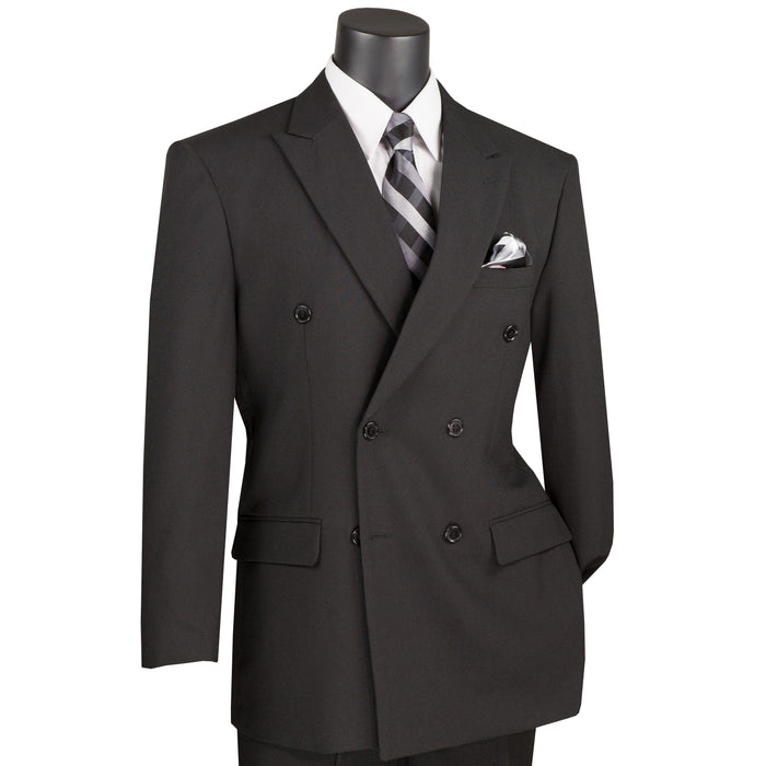 LUCCI Men's Black Double Breasted Classic Fit Poplin Polyester Suit – NEW. Features a sharp peak lapel jacket in a traditional full-cut silhouette and pleated pants with unfinished hems for custom tailoring. A dependable, polished choice for business or formal occasions. Available at Fashion House Inc. (FH Menswear, Style #DPP)