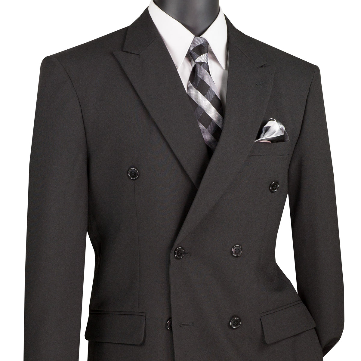 LUCCI Men's Black Double Breasted Classic Fit Poplin Polyester Suit – NEW. Features a sharp peak lapel jacket in a traditional full-cut silhouette and pleated pants with unfinished hems for custom tailoring. A dependable, polished choice for business or formal occasions. Available at Fashion House Inc. (FH Menswear, Style #DPP)