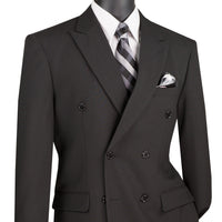 LUCCI Men's Black Double Breasted Classic Fit Poplin Polyester Suit – NEW. Features a sharp peak lapel jacket in a traditional full-cut silhouette and pleated pants with unfinished hems for custom tailoring. A dependable, polished choice for business or formal occasions. Available at Fashion House Inc. (FH Menswear, Style #DPP)