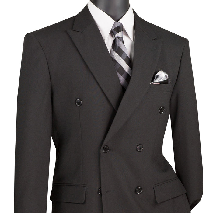 LUCCI Men's Black Double Breasted Classic Fit Poplin Polyester Suit – NEW. Features a sharp peak lapel jacket in a traditional full-cut silhouette and pleated pants with unfinished hems for custom tailoring. A dependable, polished choice for business or formal occasions. Available at Fashion House Inc. (FH Menswear, Style #DPP)