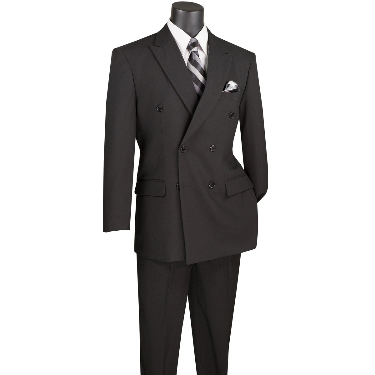 LUCCI Men's Black Double Breasted Classic Fit Poplin Polyester Suit – NEW. Features a sharp peak lapel jacket in a traditional full-cut silhouette and pleated pants with unfinished hems for custom tailoring. A dependable, polished choice for business or formal occasions. Available at Fashion House Inc. (FH Menswear, Style #DPP)