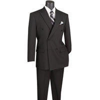 LUCCI Men's Black Double Breasted Classic Fit Poplin Polyester Suit – NEW. Features a sharp peak lapel jacket in a traditional full-cut silhouette and pleated pants with unfinished hems for custom tailoring. A dependable, polished choice for business or formal occasions. Available at Fashion House Inc. (FH Menswear, Style #DPP)