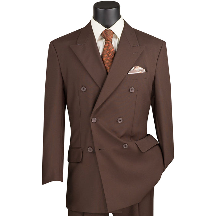 LUCCI Men's Brown Double Breasted Classic Fit Poplin Polyester Suit – NEW. Features a sharp peak lapel jacket in a traditional full-cut silhouette and pleated pants with unfinished hems for custom tailoring. A dependable, polished choice for business or formal occasions. Available at Fashion House Inc. (FH Menswear, Style #DPP)