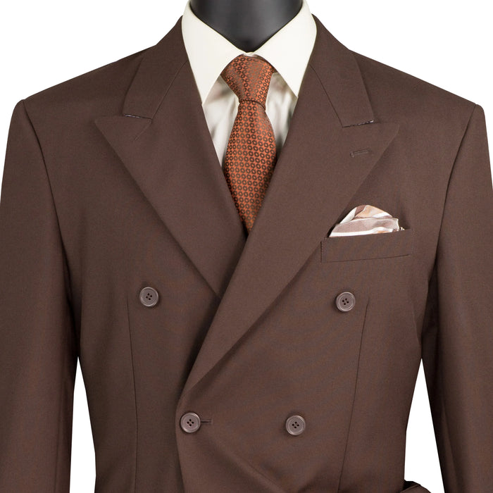 LUCCI Men's Brown Double Breasted Classic Fit Poplin Polyester Suit – NEW. Features a sharp peak lapel jacket in a traditional full-cut silhouette and pleated pants with unfinished hems for custom tailoring. A dependable, polished choice for business or formal occasions. Available at Fashion House Inc. (FH Menswear, Style #DPP)