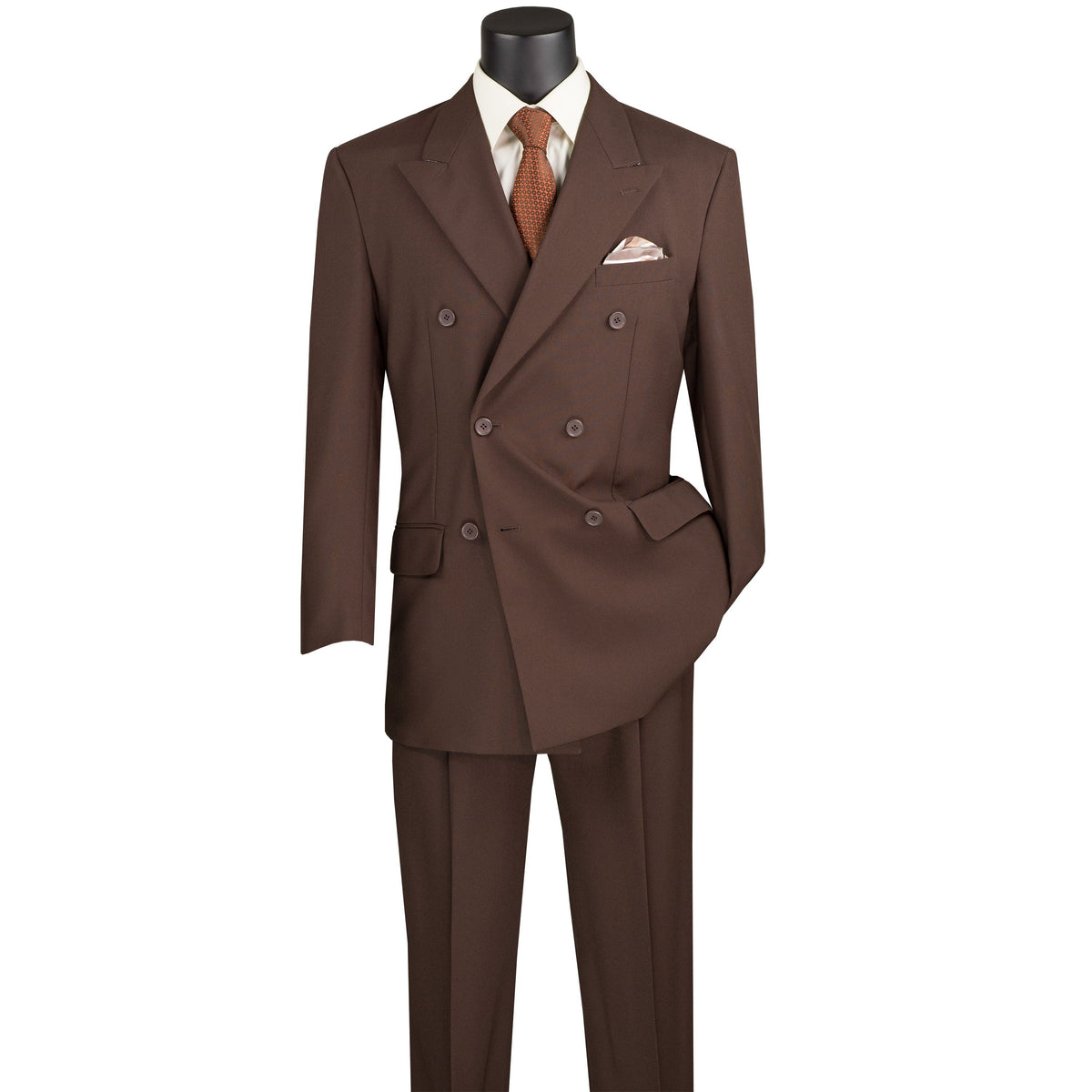 LUCCI Men's Brown Double Breasted Classic Fit Poplin Polyester Suit – NEW. Features a sharp peak lapel jacket in a traditional full-cut silhouette and pleated pants with unfinished hems for custom tailoring. A dependable, polished choice for business or formal occasions. Available at Fashion House Inc. (FH Menswear, Style #DPP)