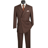 LUCCI Men's Brown Double Breasted Classic Fit Poplin Polyester Suit – NEW. Features a sharp peak lapel jacket in a traditional full-cut silhouette and pleated pants with unfinished hems for custom tailoring. A dependable, polished choice for business or formal occasions. Available at Fashion House Inc. (FH Menswear, Style #DPP)