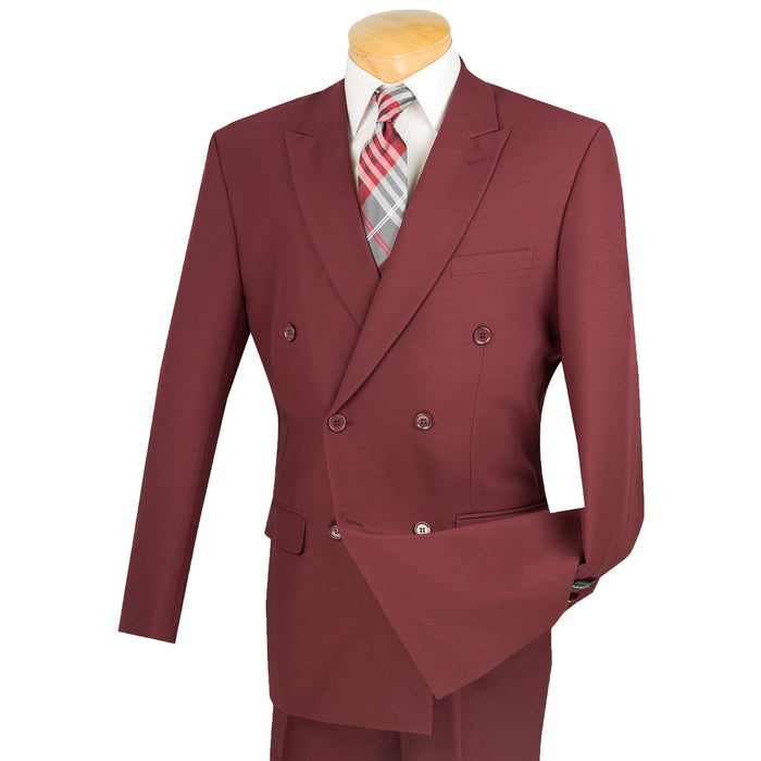LUCCI Men's Burgundy Double Breasted Classic Fit Poplin Polyester Suit – NEW. Features a sharp peak lapel jacket in a traditional full-cut silhouette and pleated pants with unfinished hems for custom tailoring. A dependable, polished choice for business or formal occasions. Available at Fashion House Inc. (FH Menswear, Style #DPP)