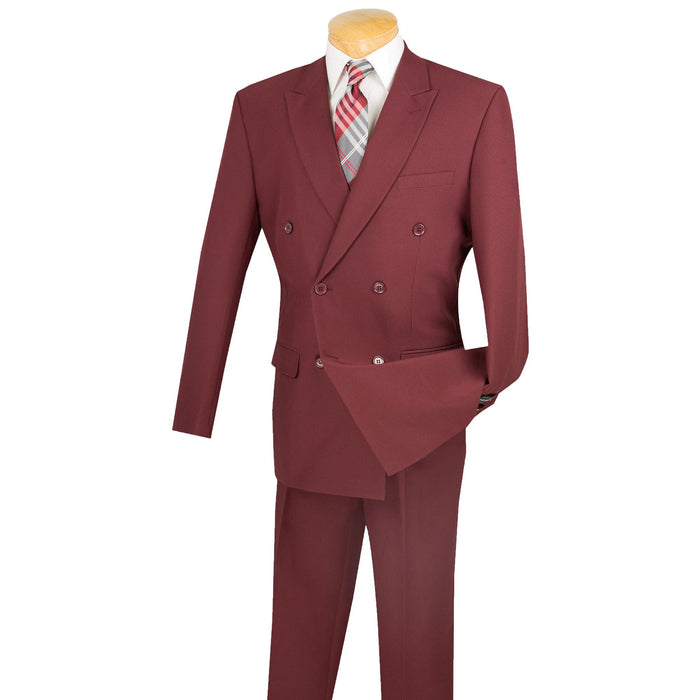 LUCCI Men's Burgundy Double Breasted Classic Fit Poplin Polyester Suit – NEW. Features a sharp peak lapel jacket in a traditional full-cut silhouette and pleated pants with unfinished hems for custom tailoring. A dependable, polished choice for business or formal occasions. Available at Fashion House Inc. (FH Menswear, Style #DPP)