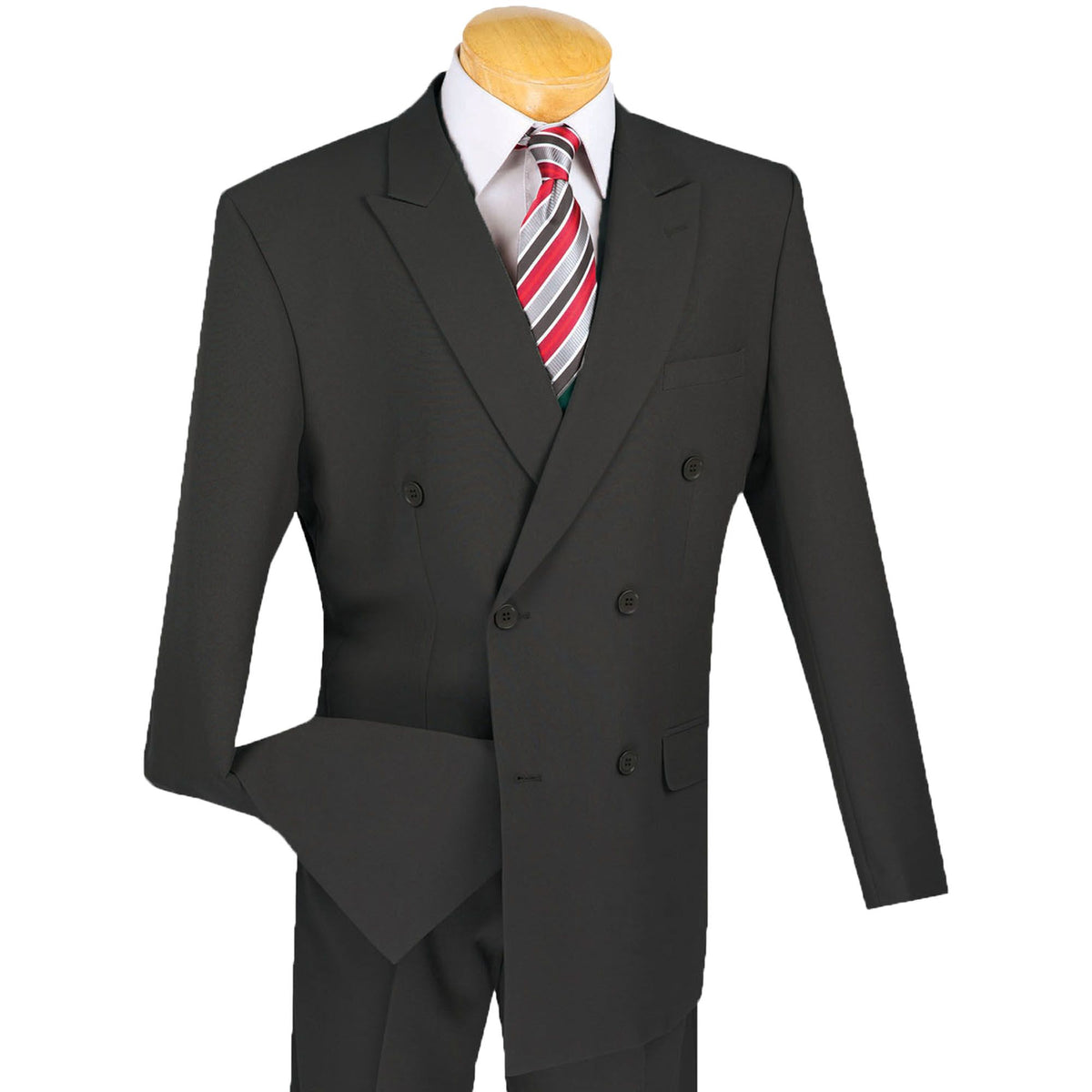 LUCCI Men's Charcoal Gray Double Breasted Classic Fit Poplin Polyester Suit – NEW. Features a sharp peak lapel jacket in a traditional full-cut silhouette and pleated pants with unfinished hems for custom tailoring. A dependable, polished choice for business or formal occasions. Available at Fashion House Inc. (FH Menswear, Style #DPP)