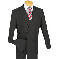 LUCCI Men's Charcoal Gray Double Breasted Classic Fit Poplin Polyester Suit – NEW. Features a sharp peak lapel jacket in a traditional full-cut silhouette and pleated pants with unfinished hems for custom tailoring. A dependable, polished choice for business or formal occasions. Available at Fashion House Inc. (FH Menswear, Style #DPP)