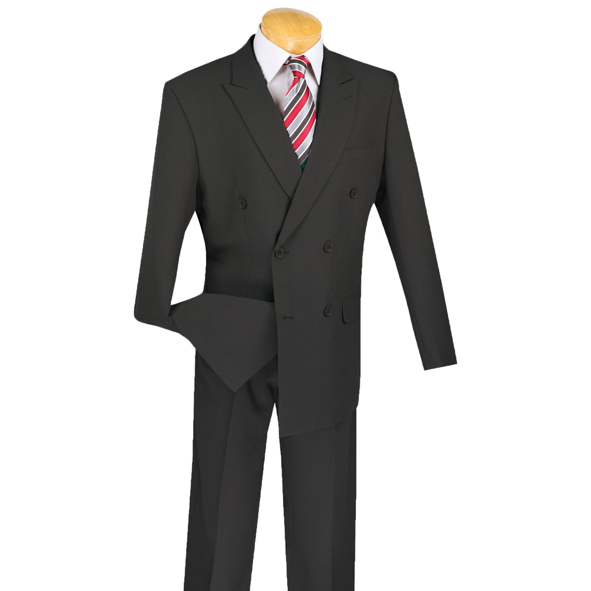 LUCCI Men's Charcoal Gray Double Breasted Classic Fit Poplin Polyester Suit – NEW. Features a sharp peak lapel jacket in a traditional full-cut silhouette and pleated pants with unfinished hems for custom tailoring. A dependable, polished choice for business or formal occasions. Available at Fashion House Inc. (FH Menswear, Style #DPP)