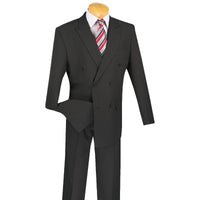 LUCCI Men's Charcoal Gray Double Breasted Classic Fit Poplin Polyester Suit – NEW. Features a sharp peak lapel jacket in a traditional full-cut silhouette and pleated pants with unfinished hems for custom tailoring. A dependable, polished choice for business or formal occasions. Available at Fashion House Inc. (FH Menswear, Style #DPP)