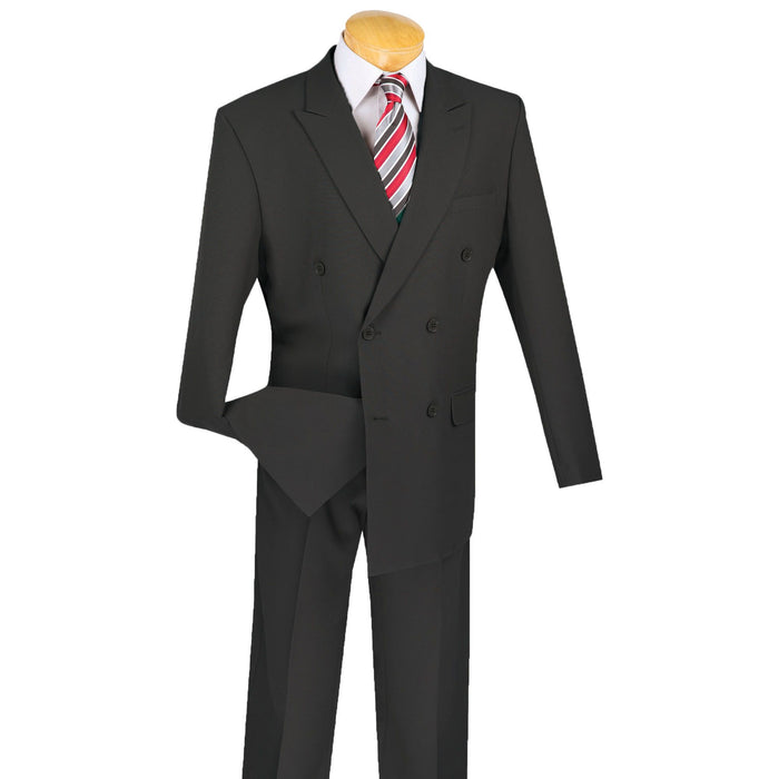 LUCCI Men's Charcoal Gray Double Breasted Classic Fit Poplin Polyester Suit – NEW. Features a sharp peak lapel jacket in a traditional full-cut silhouette and pleated pants with unfinished hems for custom tailoring. A dependable, polished choice for business or formal occasions. Available at Fashion House Inc. (FH Menswear, Style #DPP)