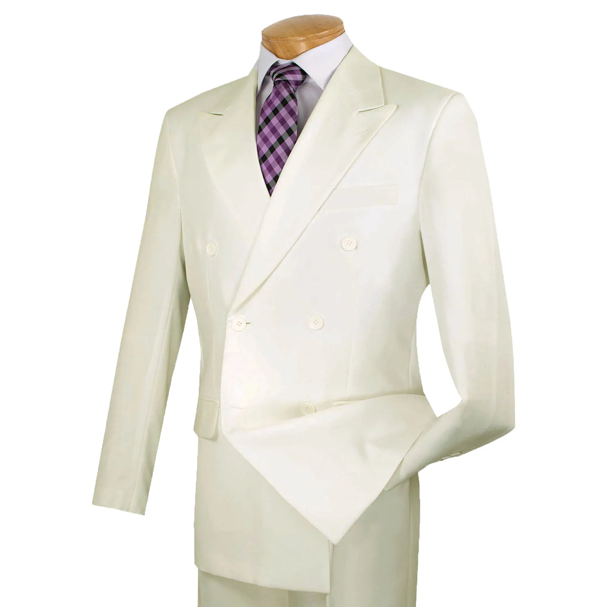 LUCCI Men's Ivory Double Breasted Classic Fit Poplin Polyester Suit – NEW. Features a sharp peak lapel jacket in a traditional full-cut silhouette and pleated pants with unfinished hems for custom tailoring. A dependable, polished choice for business or formal occasions. Available at Fashion House Inc. (FH Menswear, Style #DPP)