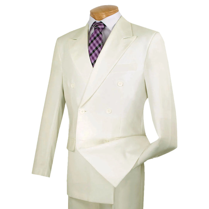 LUCCI Men's Ivory Double Breasted Classic Fit Poplin Polyester Suit – NEW. Features a sharp peak lapel jacket in a traditional full-cut silhouette and pleated pants with unfinished hems for custom tailoring. A dependable, polished choice for business or formal occasions. Available at Fashion House Inc. (FH Menswear, Style #DPP)