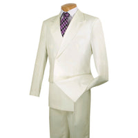 LUCCI Men's Ivory Double Breasted Classic Fit Poplin Polyester Suit – NEW. Features a sharp peak lapel jacket in a traditional full-cut silhouette and pleated pants with unfinished hems for custom tailoring. A dependable, polished choice for business or formal occasions. Available at Fashion House Inc. (FH Menswear, Style #DPP)