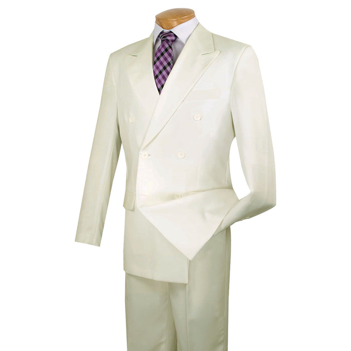 LUCCI Men's Ivory Double Breasted Classic Fit Poplin Polyester Suit – NEW. Features a sharp peak lapel jacket in a traditional full-cut silhouette and pleated pants with unfinished hems for custom tailoring. A dependable, polished choice for business or formal occasions. Available at Fashion House Inc. (FH Menswear, Style #DPP)