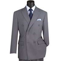 LUCCI Men's Medium Gray Double Breasted Classic Fit Poplin Polyester Suit – NEW. Features a sharp peak lapel jacket in a traditional full-cut silhouette and pleated pants with unfinished hems for custom tailoring. A dependable, polished choice for business or formal occasions. Available at Fashion House Inc. (FH Menswear, Style #DPP)