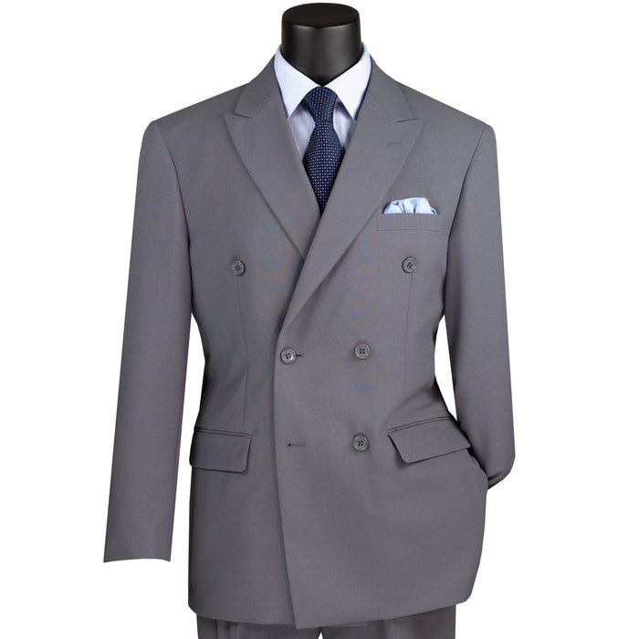 LUCCI Men's Medium Gray Double Breasted Classic Fit Poplin Polyester Suit – NEW. Features a sharp peak lapel jacket in a traditional full-cut silhouette and pleated pants with unfinished hems for custom tailoring. A dependable, polished choice for business or formal occasions. Available at Fashion House Inc. (FH Menswear, Style #DPP)