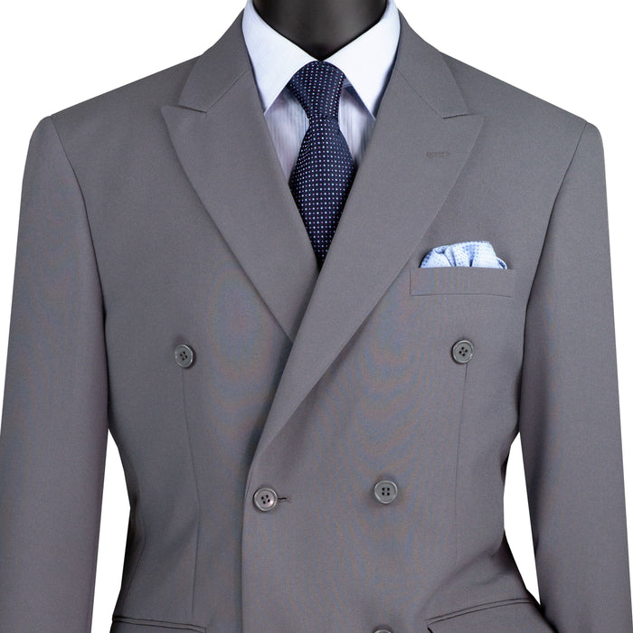 LUCCI Men's Medium Gray Double Breasted Classic Fit Poplin Polyester Suit – NEW. Features a sharp peak lapel jacket in a traditional full-cut silhouette and pleated pants with unfinished hems for custom tailoring. A dependable, polished choice for business or formal occasions. Available at Fashion House Inc. (FH Menswear, Style #DPP)