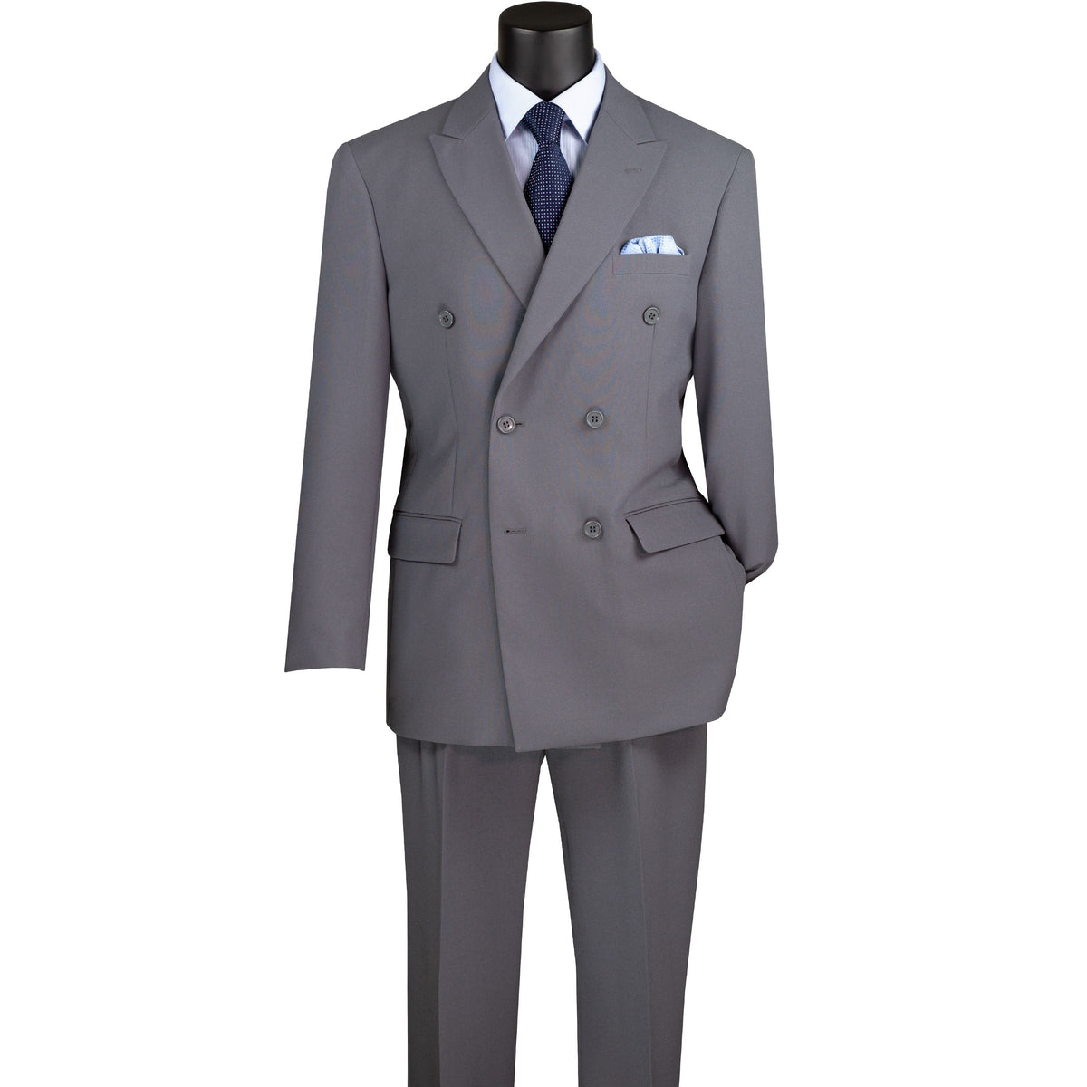 LUCCI Men's Medium Gray Double Breasted Classic Fit Poplin Polyester Suit – NEW. Features a sharp peak lapel jacket in a traditional full-cut silhouette and pleated pants with unfinished hems for custom tailoring. A dependable, polished choice for business or formal occasions. Available at Fashion House Inc. (FH Menswear, Style #DPP)