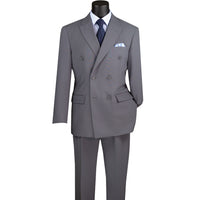 LUCCI Men's Medium Gray Double Breasted Classic Fit Poplin Polyester Suit – NEW. Features a sharp peak lapel jacket in a traditional full-cut silhouette and pleated pants with unfinished hems for custom tailoring. A dependable, polished choice for business or formal occasions. Available at Fashion House Inc. (FH Menswear, Style #DPP)