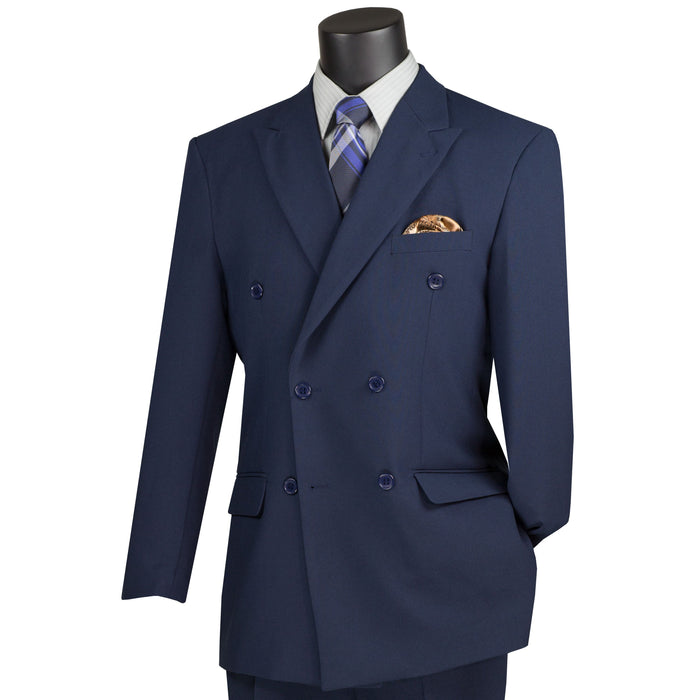 LUCCI Men's Navy Blue Double Breasted Classic Fit Poplin Polyester Suit – NEW. Features a sharp peak lapel jacket in a traditional full-cut silhouette and pleated pants with unfinished hems for custom tailoring. A dependable, polished choice for business or formal occasions. Available at Fashion House Inc. (FH Menswear, Style #DPP)