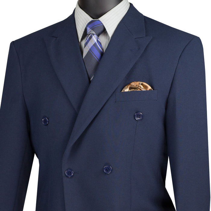 LUCCI Men's Navy Blue Double Breasted Classic Fit Poplin Polyester Suit – NEW. Features a sharp peak lapel jacket in a traditional full-cut silhouette and pleated pants with unfinished hems for custom tailoring. A dependable, polished choice for business or formal occasions. Available at Fashion House Inc. (FH Menswear, Style #DPP)