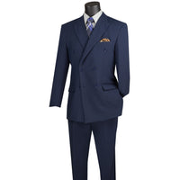 LUCCI Men's Navy Blue Double Breasted Classic Fit Poplin Polyester Suit – NEW. Features a sharp peak lapel jacket in a traditional full-cut silhouette and pleated pants with unfinished hems for custom tailoring. A dependable, polished choice for business or formal occasions. Available at Fashion House Inc. (FH Menswear, Style #DPP)