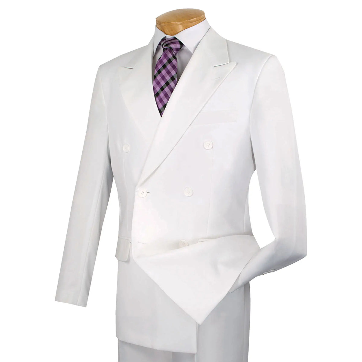 LUCCI Men's White Double Breasted Classic Fit Poplin Polyester Suit – NEW. Features a sharp peak lapel jacket in a traditional full-cut silhouette and pleated pants with unfinished hems for custom tailoring. A dependable, polished choice for business or formal occasions. Available at Fashion House Inc. (FH Menswear, Style #DPP)