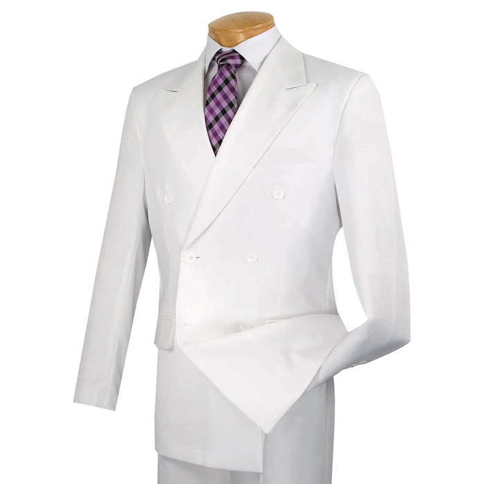 LUCCI Men's White Double Breasted Classic Fit Poplin Polyester Suit – NEW. Features a sharp peak lapel jacket in a traditional full-cut silhouette and pleated pants with unfinished hems for custom tailoring. A dependable, polished choice for business or formal occasions. Available at Fashion House Inc. (FH Menswear, Style #DPP)