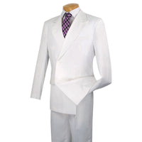 LUCCI Men's White Double Breasted Classic Fit Poplin Polyester Suit – NEW. Features a sharp peak lapel jacket in a traditional full-cut silhouette and pleated pants with unfinished hems for custom tailoring. A dependable, polished choice for business or formal occasions. Available at Fashion House Inc. (FH Menswear, Style #DPP)