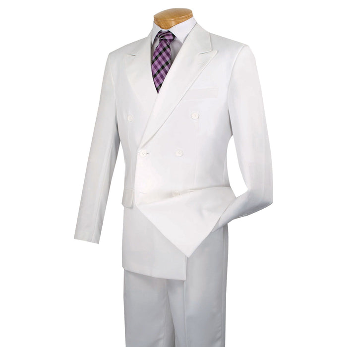 LUCCI Men's White Double Breasted Classic Fit Poplin Polyester Suit – NEW. Features a sharp peak lapel jacket in a traditional full-cut silhouette and pleated pants with unfinished hems for custom tailoring. A dependable, polished choice for business or formal occasions. Available at Fashion House Inc. (FH Menswear, Style #DPP)