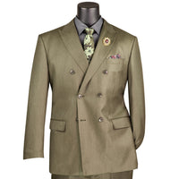 VINCI Men's Dusty Green Sharkskin Double-Breasted Classic Fit Suit with Adjustable Waist – NEW. Features a peak lapel with pick stitch finish, upscale lining, and flat-front pants with flexible waistband and unfinished hems for custom tailoring. A refined and versatile suit for professional or evening wear. Available at Fashion House Inc. (FH Menswear, Style #DRK-5)