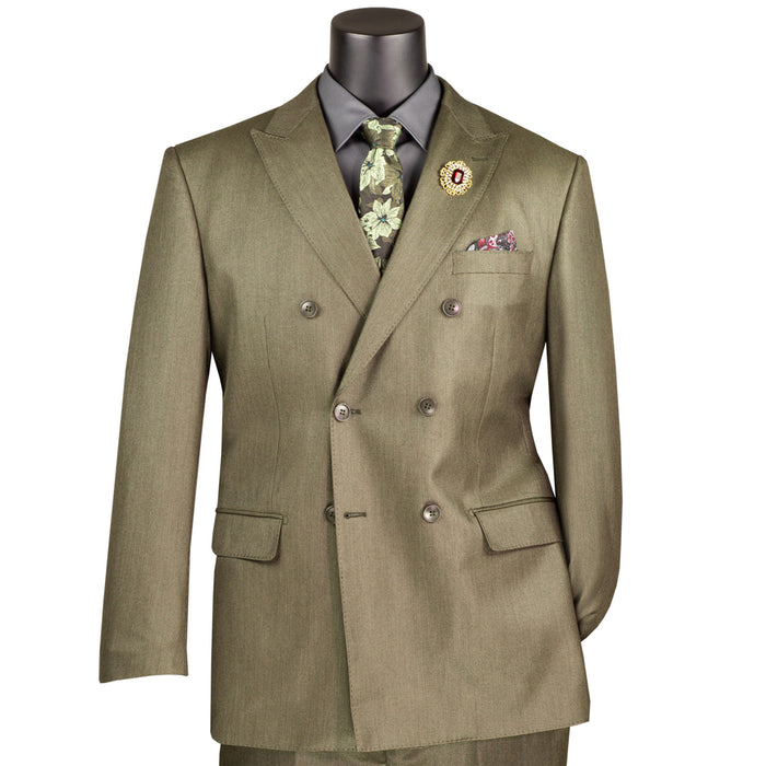 VINCI Men's Dusty Green Sharkskin Double-Breasted Classic Fit Suit with Adjustable Waist – NEW. Features a peak lapel with pick stitch finish, upscale lining, and flat-front pants with flexible waistband and unfinished hems for custom tailoring. A refined and versatile suit for professional or evening wear. Available at Fashion House Inc. (FH Menswear, Style #DRK-5)