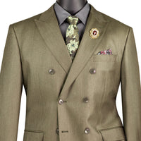 VINCI Men's Dusty Green Sharkskin Double-Breasted Classic Fit Suit with Adjustable Waist – NEW. Features a peak lapel with pick stitch finish, upscale lining, and flat-front pants with flexible waistband and unfinished hems for custom tailoring. A refined and versatile suit for professional or evening wear. Available at Fashion House Inc. (FH Menswear, Style #DRK-5)