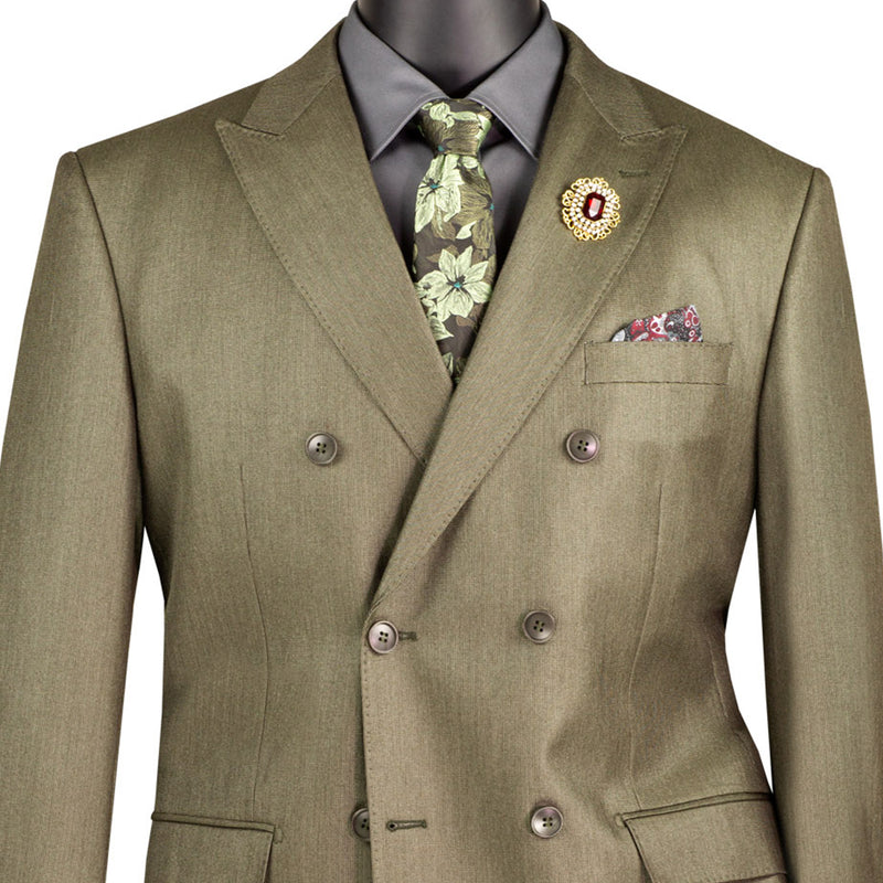 VINCI Men's Dusty Green Sharkskin Double-Breasted Classic Fit Suit with Adjustable Waist – NEW. Features a peak lapel with pick stitch finish, upscale lining, and flat-front pants with flexible waistband and unfinished hems for custom tailoring. A refined and versatile suit for professional or evening wear. Available at Fashion House Inc. (FH Menswear, Style #DRK-5)