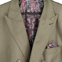 VINCI Men's Dusty Green Sharkskin Double-Breasted Classic Fit Suit with Adjustable Waist – NEW. Features a peak lapel with pick stitch finish, upscale lining, and flat-front pants with flexible waistband and unfinished hems for custom tailoring. A refined and versatile suit for professional or evening wear. Available at Fashion House Inc. (FH Menswear, Style #DRK-5)