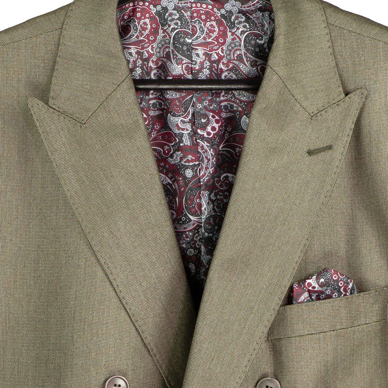 VINCI Men's Dusty Green Sharkskin Double-Breasted Classic Fit Suit with Adjustable Waist – NEW. Features a peak lapel with pick stitch finish, upscale lining, and flat-front pants with flexible waistband and unfinished hems for custom tailoring. A refined and versatile suit for professional or evening wear. Available at Fashion House Inc. (FH Menswear, Style #DRK-5)