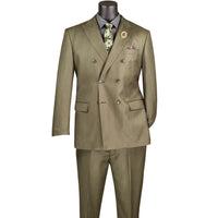 VINCI Men's Dusty Green Sharkskin Double-Breasted Classic Fit Suit with Adjustable Waist – NEW. Features a peak lapel with pick stitch finish, upscale lining, and flat-front pants with flexible waistband and unfinished hems for custom tailoring. A refined and versatile suit for professional or evening wear. Available at Fashion House Inc. (FH Menswear, Style #DRK-5)